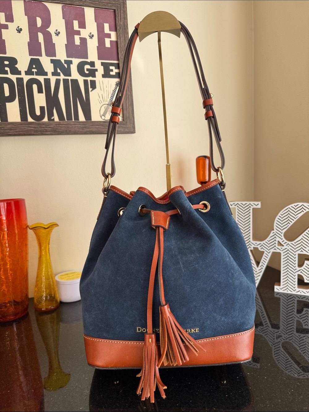 Dooney & Bourke Navy Suede and Tan Leather Drawstring Shoulder Bag